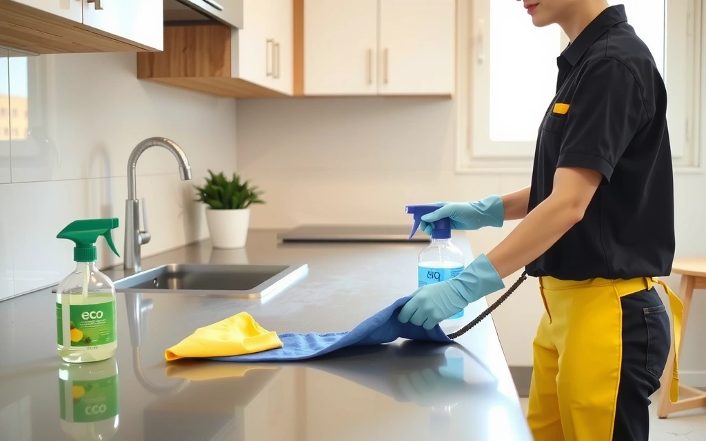 A cleaner using eco-friendly products in a sparkling kitchen