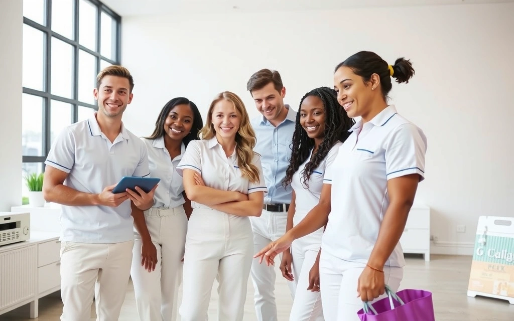 Team members collaborating in a clean office