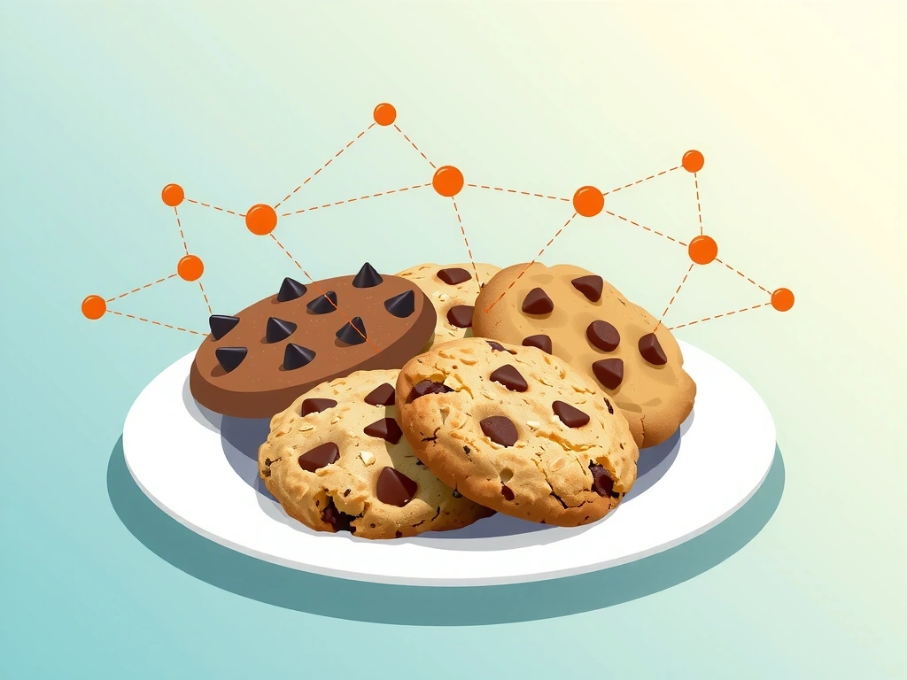 Illustration of various cookies on a plate with digital elements
