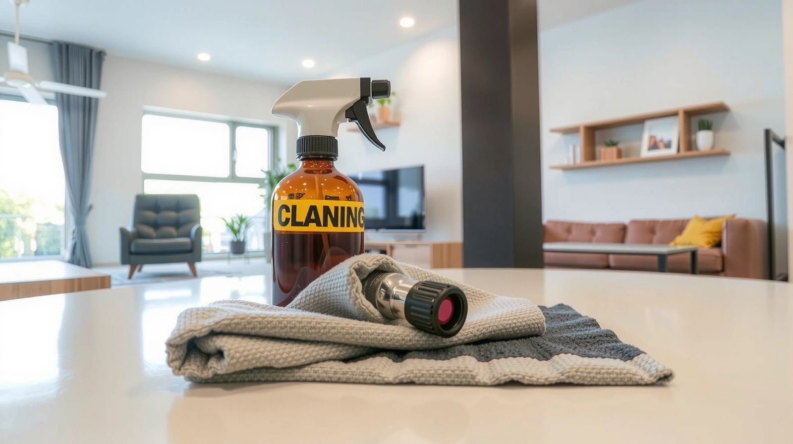 Sparkling clean home with cleaning supplies, symbolizing answers and solutions