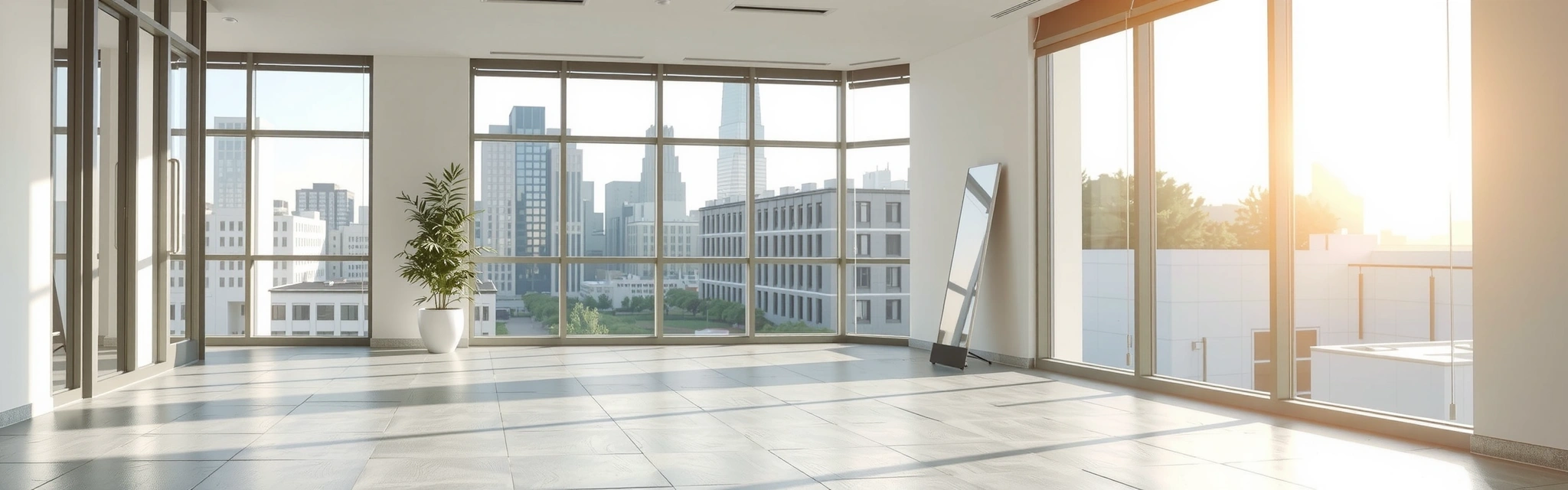 A sparkling clean modern office space with large windows, sunlight streaming in, and a subtle reflection of city buildings, representing comprehensive cleaning services.