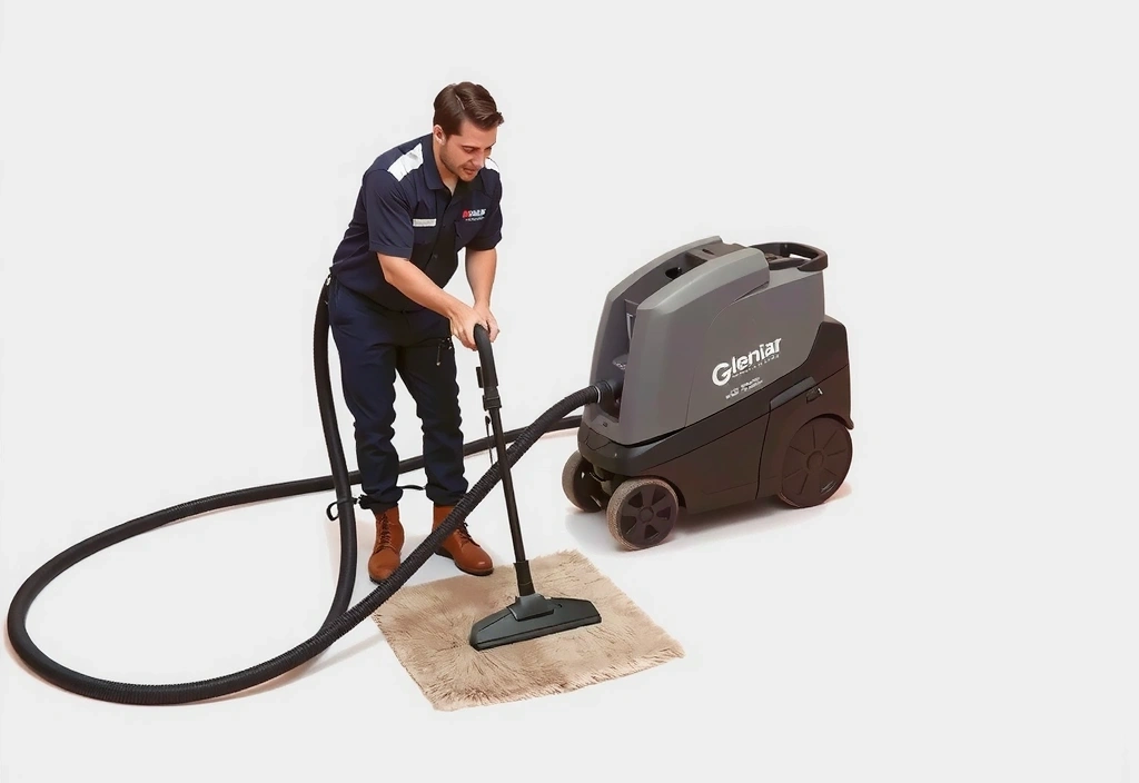 A professional cleaner using a steam cleaner on a carpet, emphasizing specialized equipment.