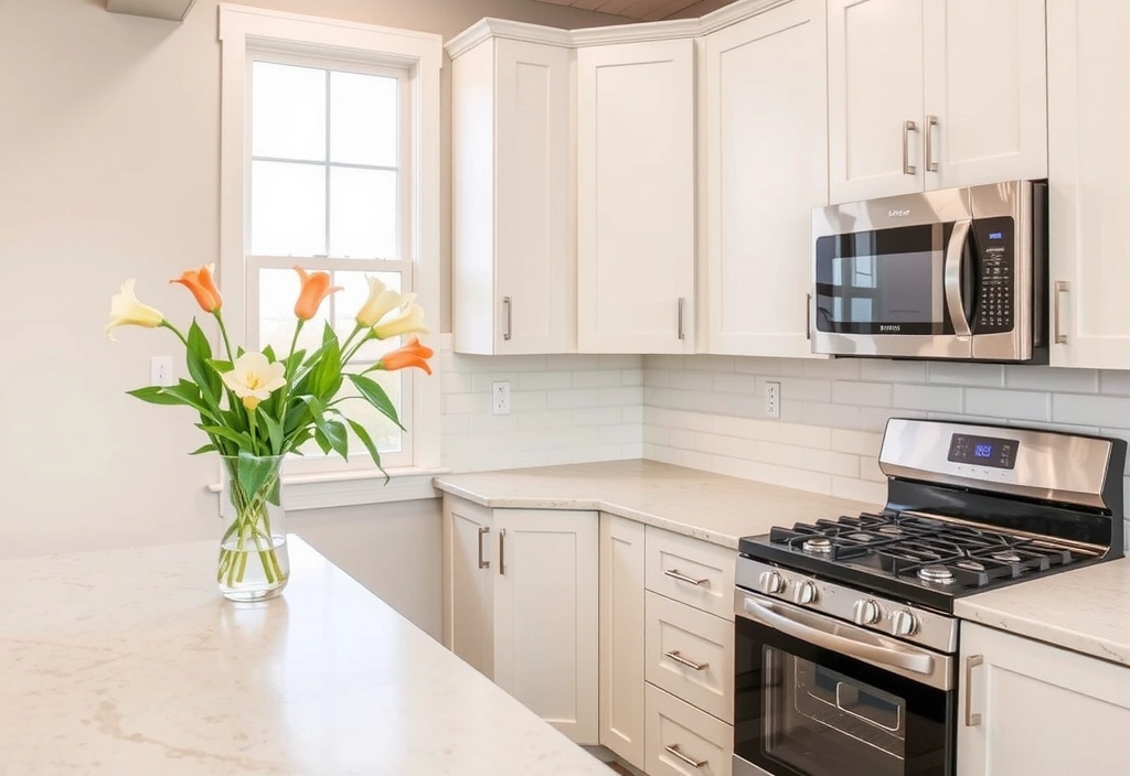 A bright, clean residential kitchen with polished countertops and gleaming appliances.
