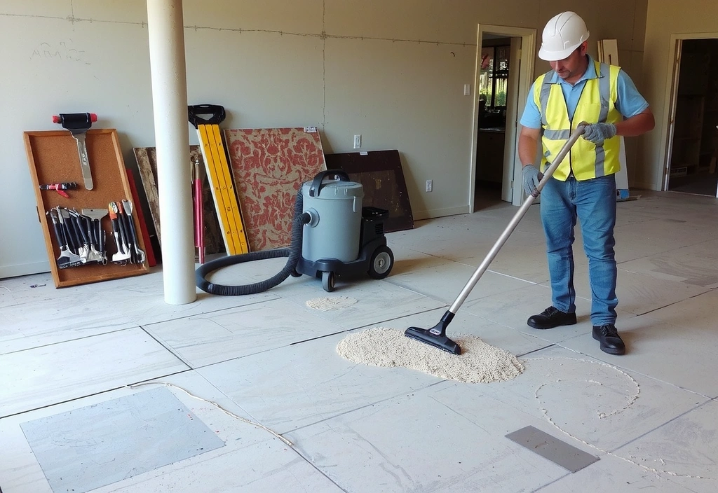 A construction site after initial clean-up, showing a worker vacuuming fine dust.