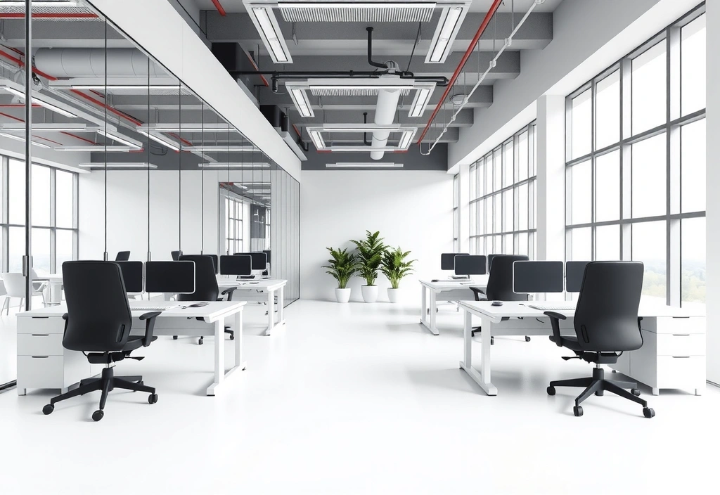 A pristine, modern commercial office space with glass walls and clean desks, ready for business.